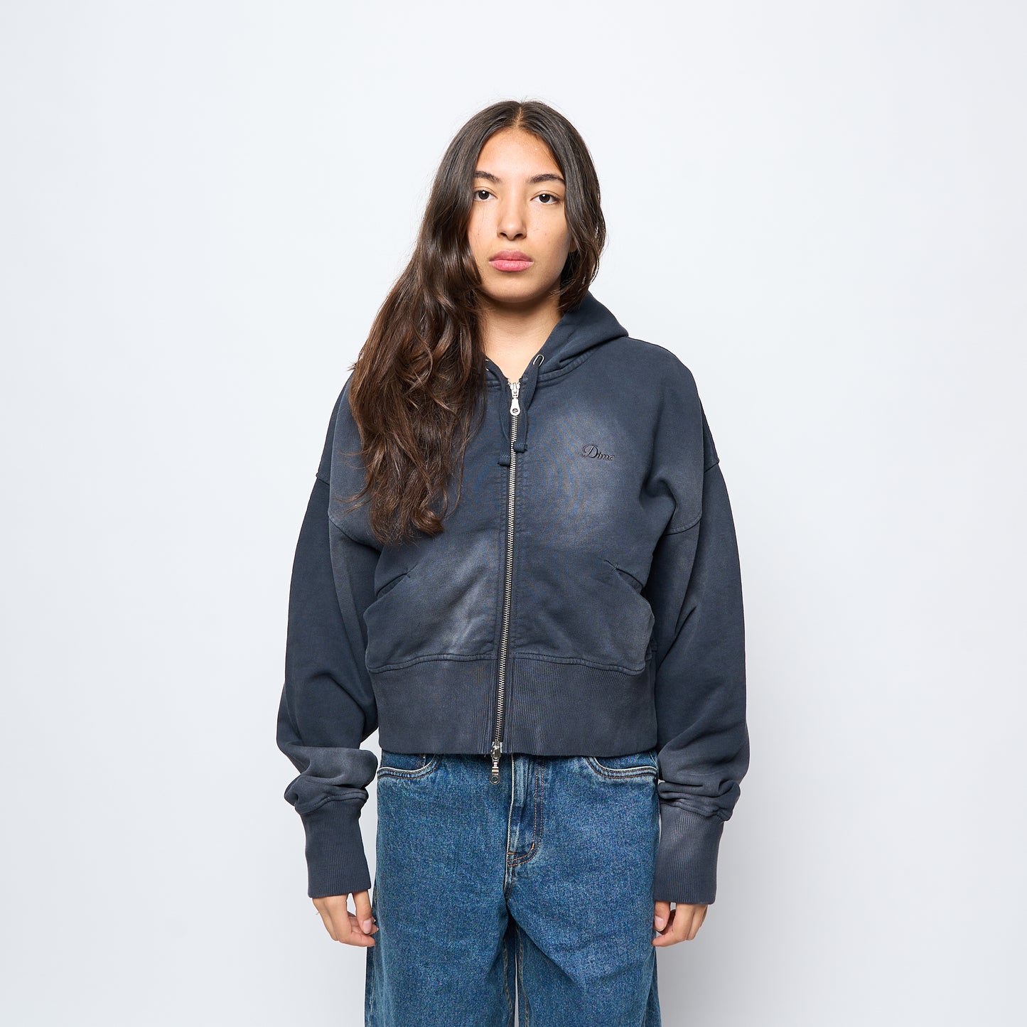 Dime MTL - Cropped Zip Hoodie (Black Washed)