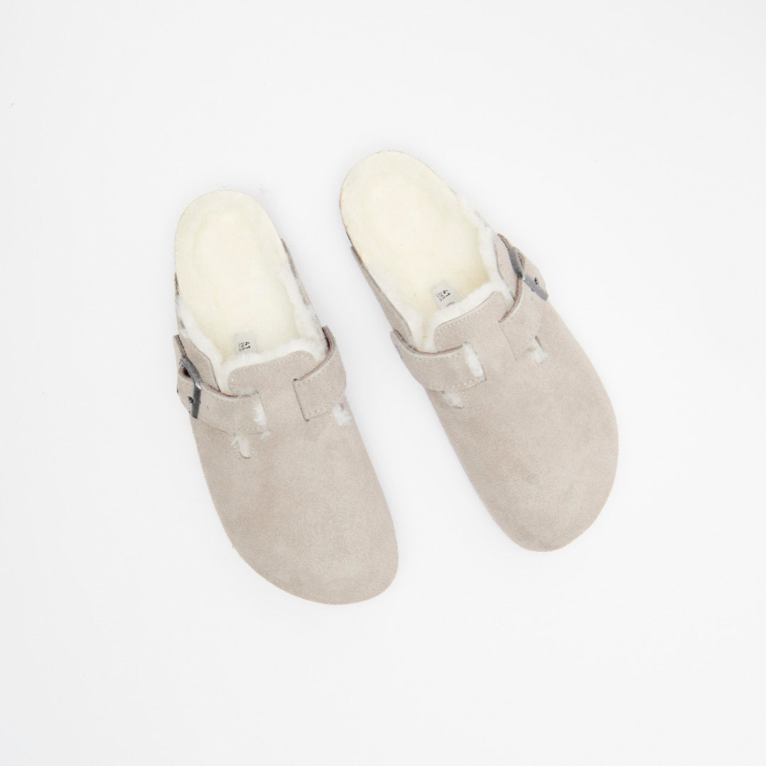 Birkenstock Boston Shearling Suede Stone Coin