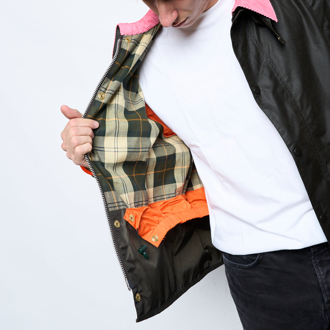 Barbour x Flower Mountain - Mountain OS Transport Wax Jacket (Olive/Fuchsia)