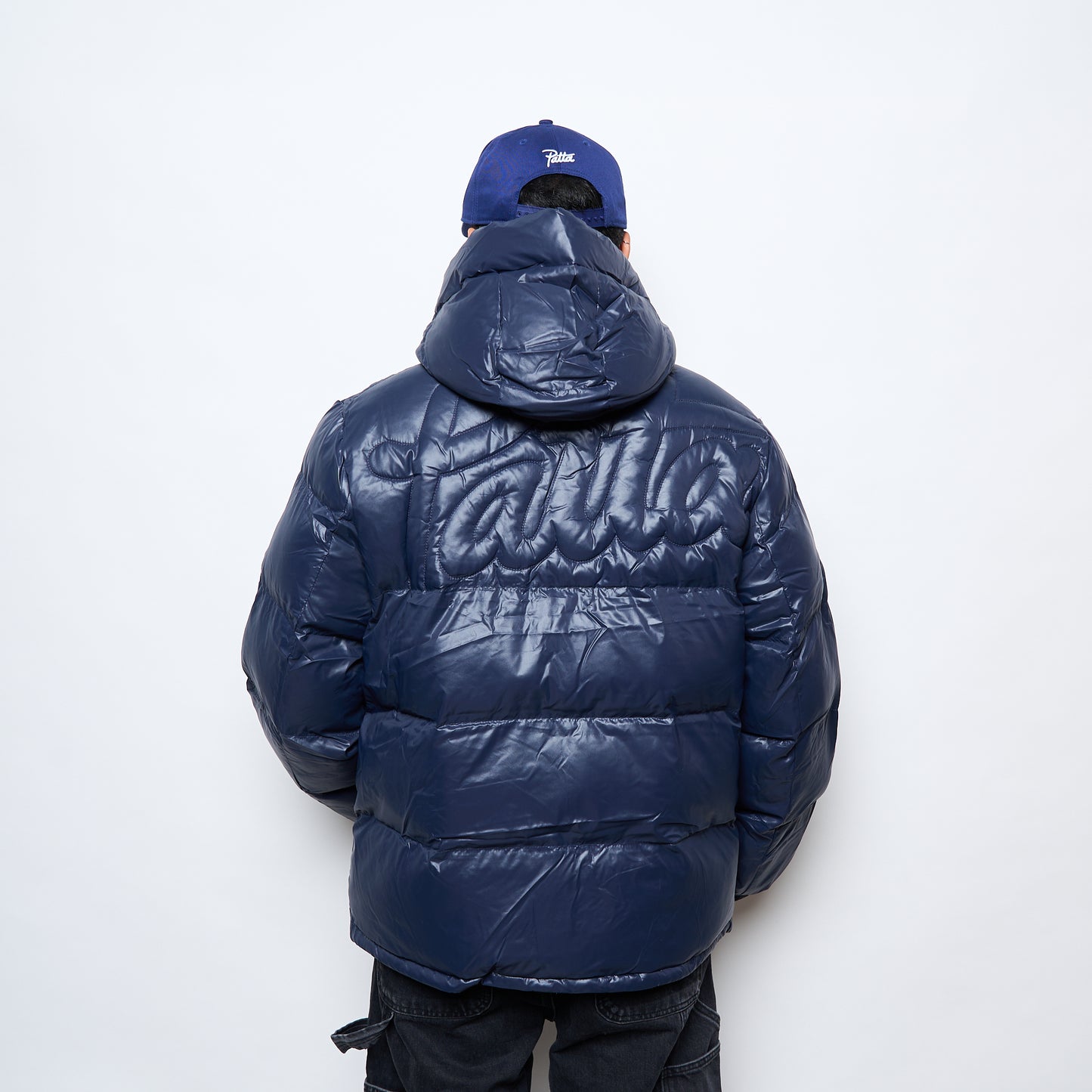 Patta Quilted Script Logo Puffer Jacket (Navy)