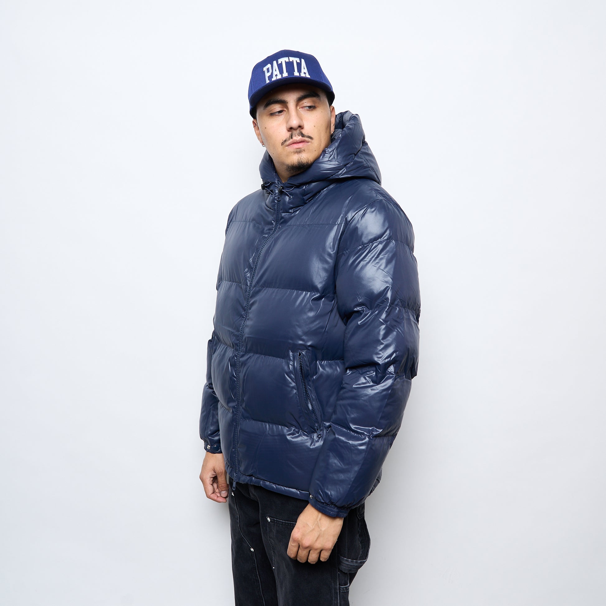 Patta Quilted Script Logo Puffer Jacket (Navy)