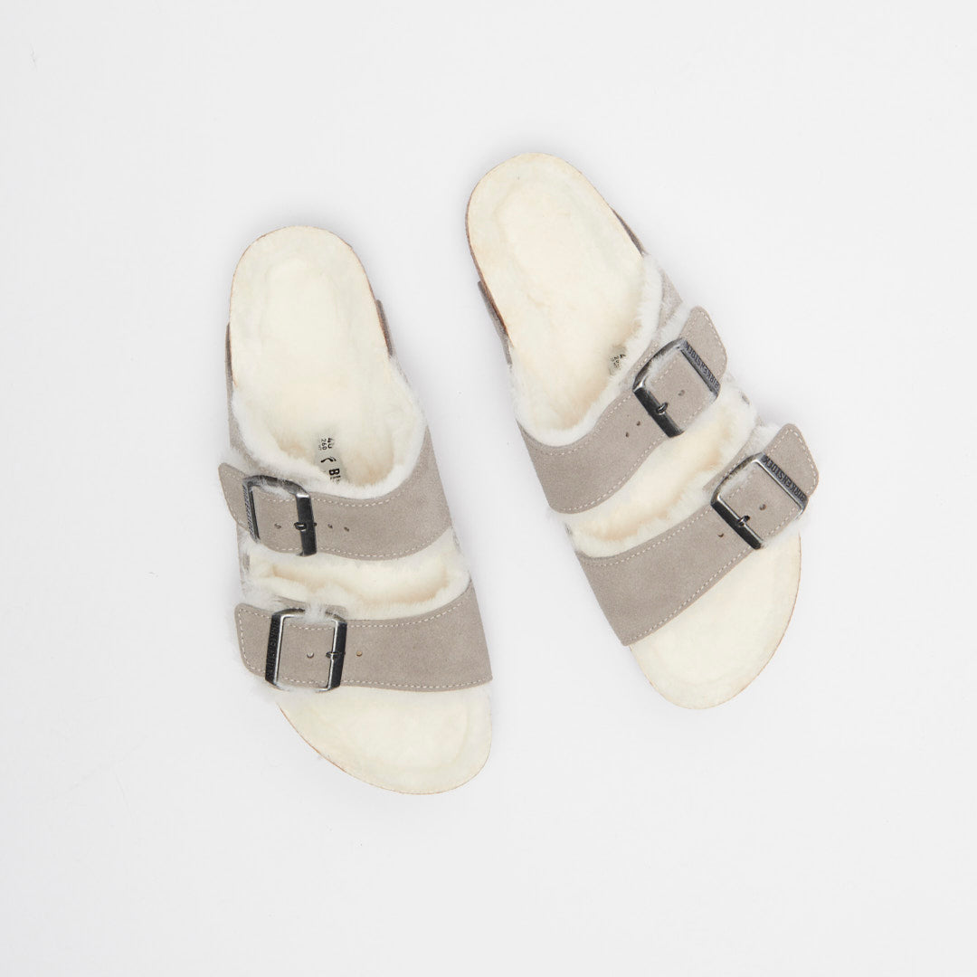 Birkenstock Arizona Shearling Suede Leather Stone Coin