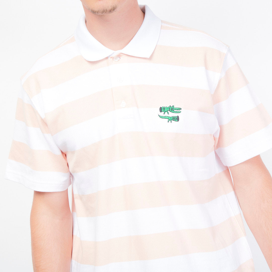 Tired Skateboards - The Gator Stripe Polo (White/Pink)
